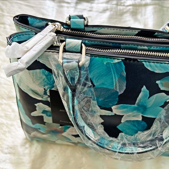SATCHEL/SHOULDER BAG, JACK FRENCH LONDON PARK LEATHER, BLUE FLORAL, TOP ZIPPERS, - Picture 7 of 16